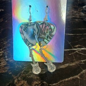 Heart Guitar Dangle Earrings — Iridescent Abalone Pattern